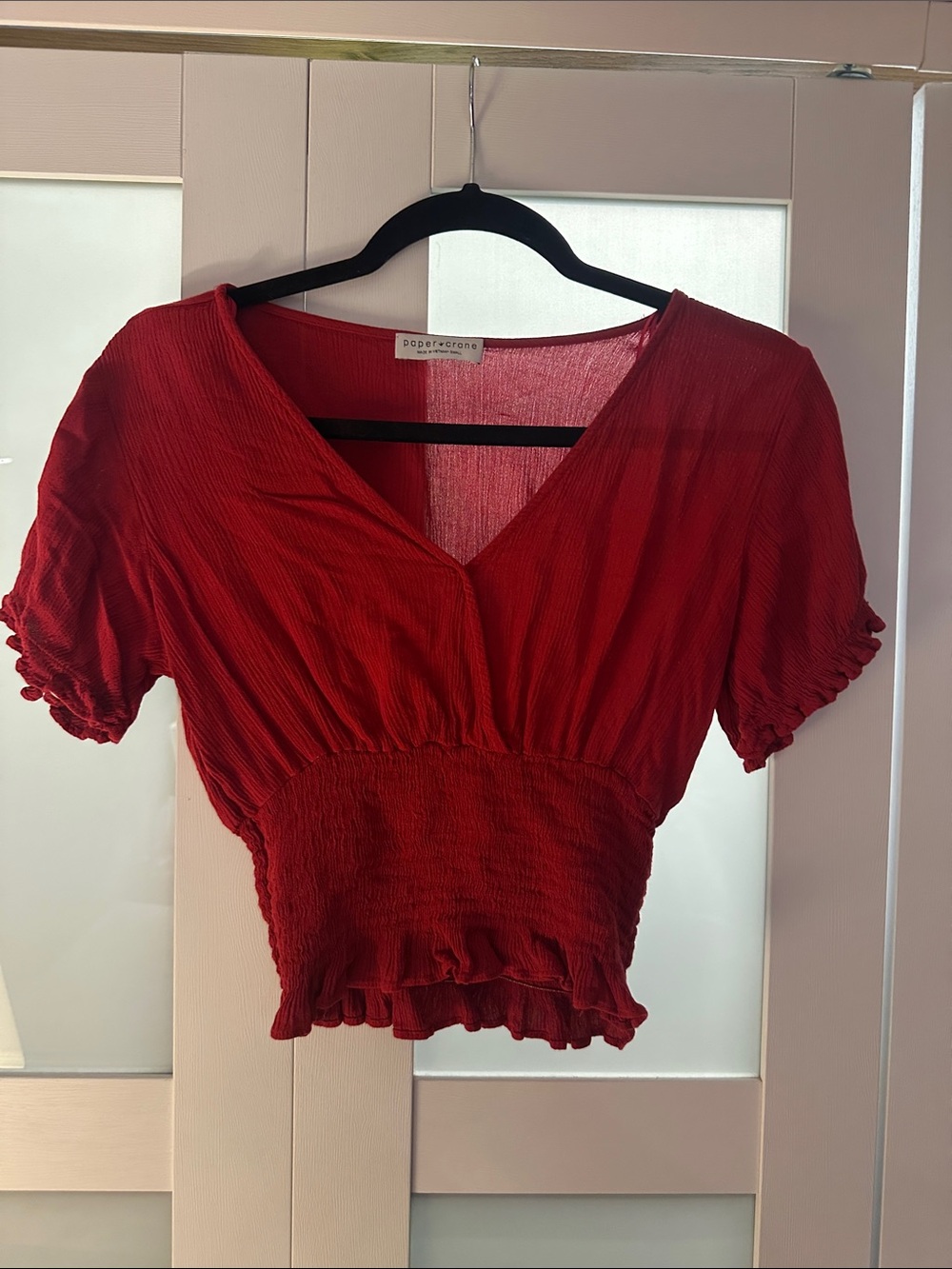 Paper Crown Deep Red Smocked V-Neck Crop Top